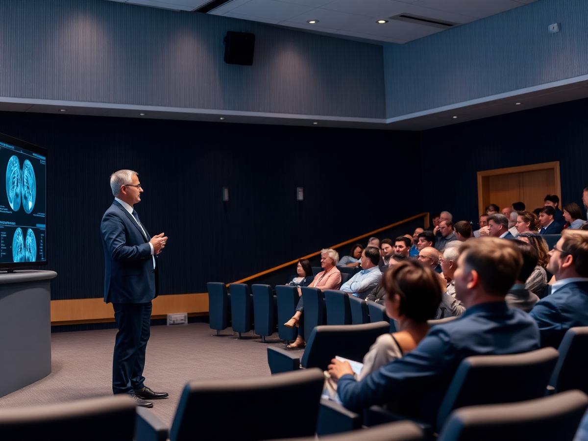 Palestra sobre diagnóstico por imagem, ressonância magnética e tomografia em auditório